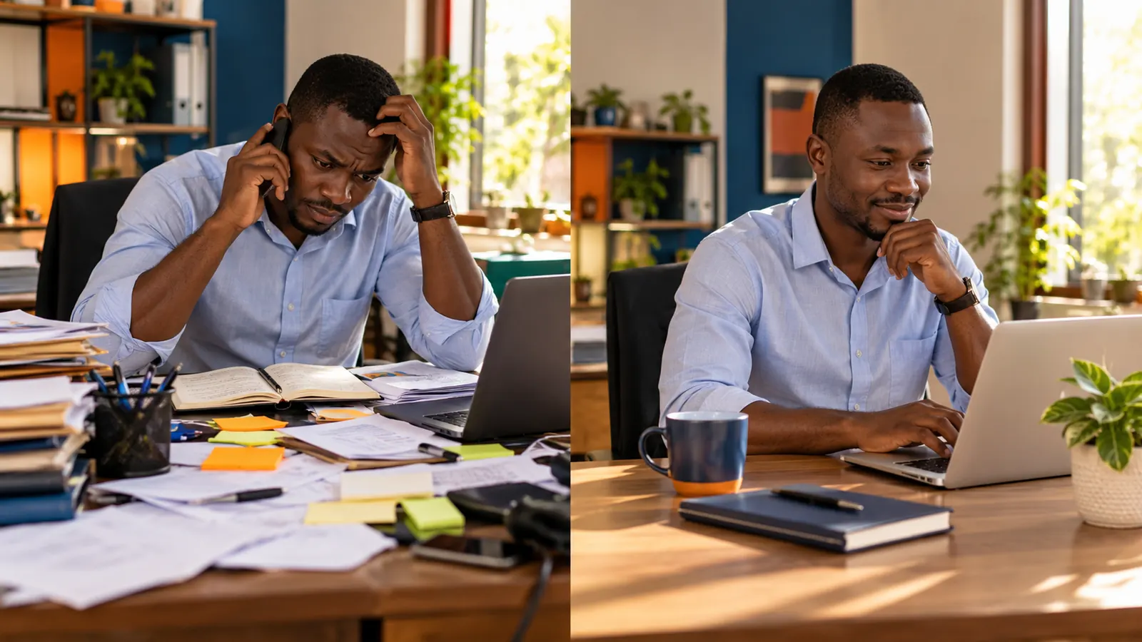 Un responsable commercial débordé par les cahiers et les post-it, puis le même bureau rangé, le suivi des prospects sur ordinateur