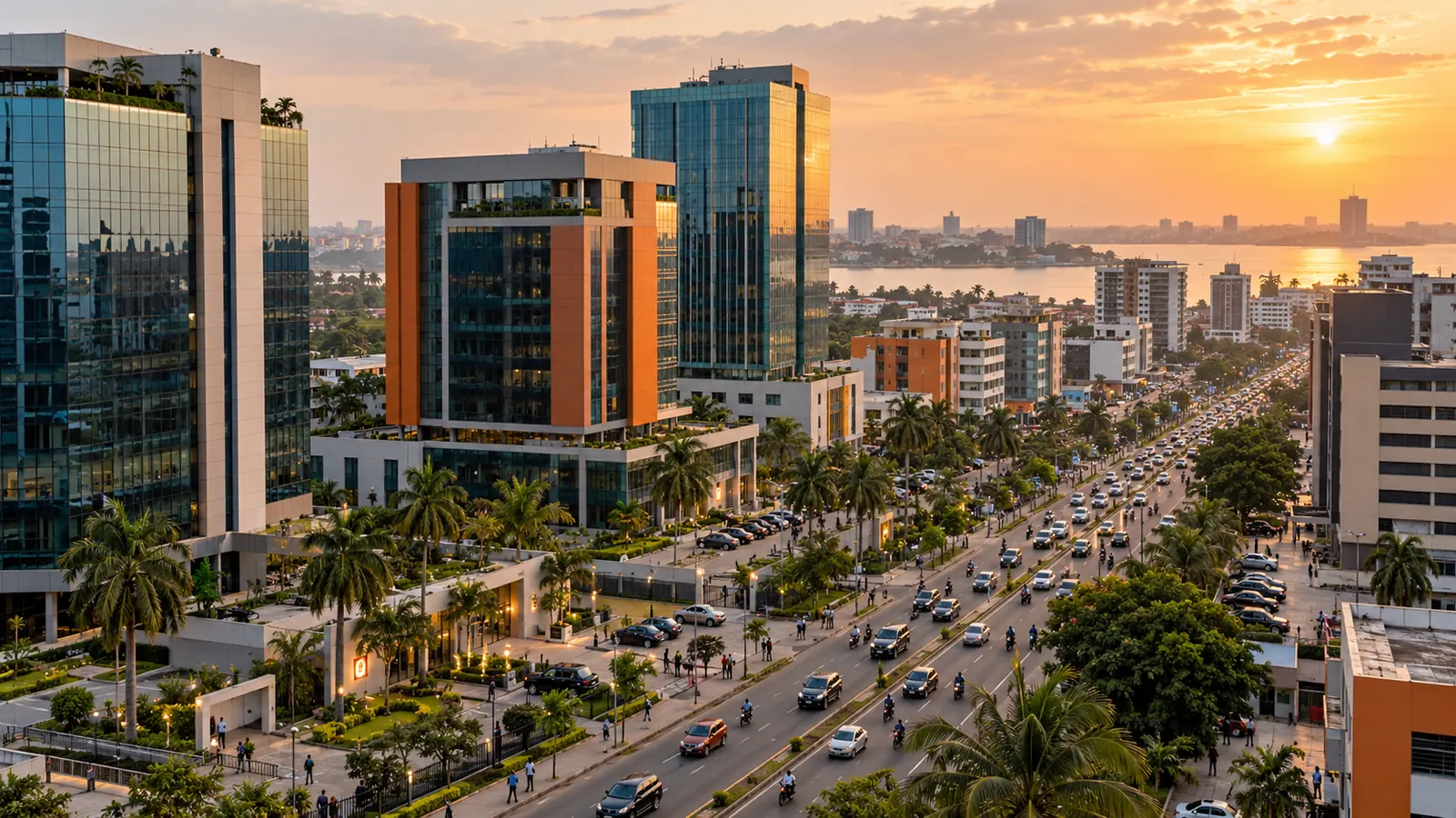 Un quartier d'affaires animé d'une grande ville d'Afrique de l'Ouest en fin d'après-midi