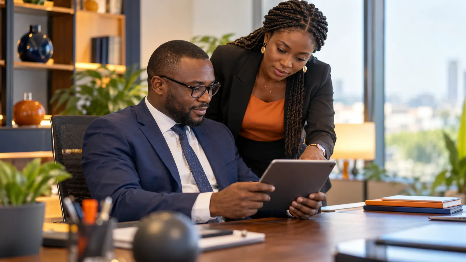Un directeur commercial consulte des chiffres sur une tablette avec une collaboratrice, à Cotonou