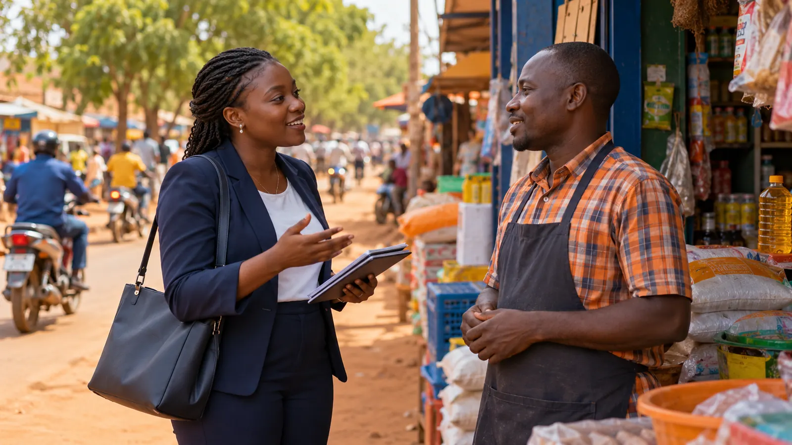 Une commerciale échange avec un commerçant devant sa boutique, dans une avenue animée de Ouagadougou