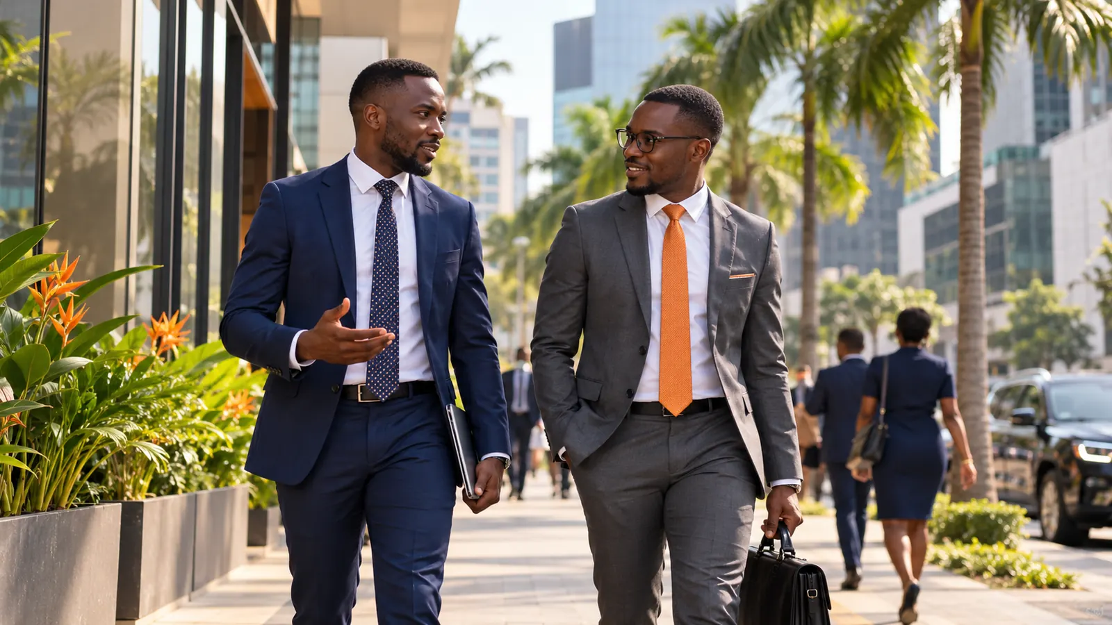 Deux commerciaux discutent en marchant dans un quartier d'affaires d'Abidjan