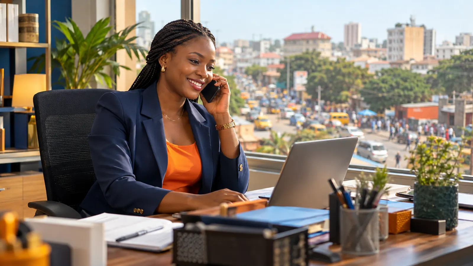 Une commerciale au téléphone à son bureau, une rue animée de Conakry en arrière-plan
