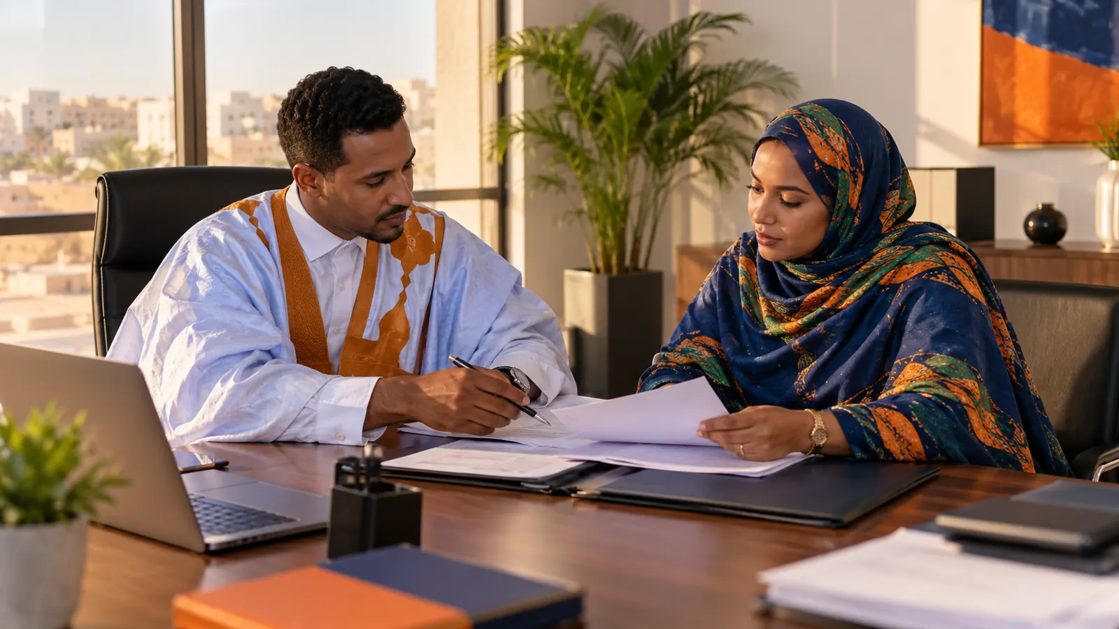 Deux professionnels discutent d'un contrat dans un bureau clair de Nouakchott