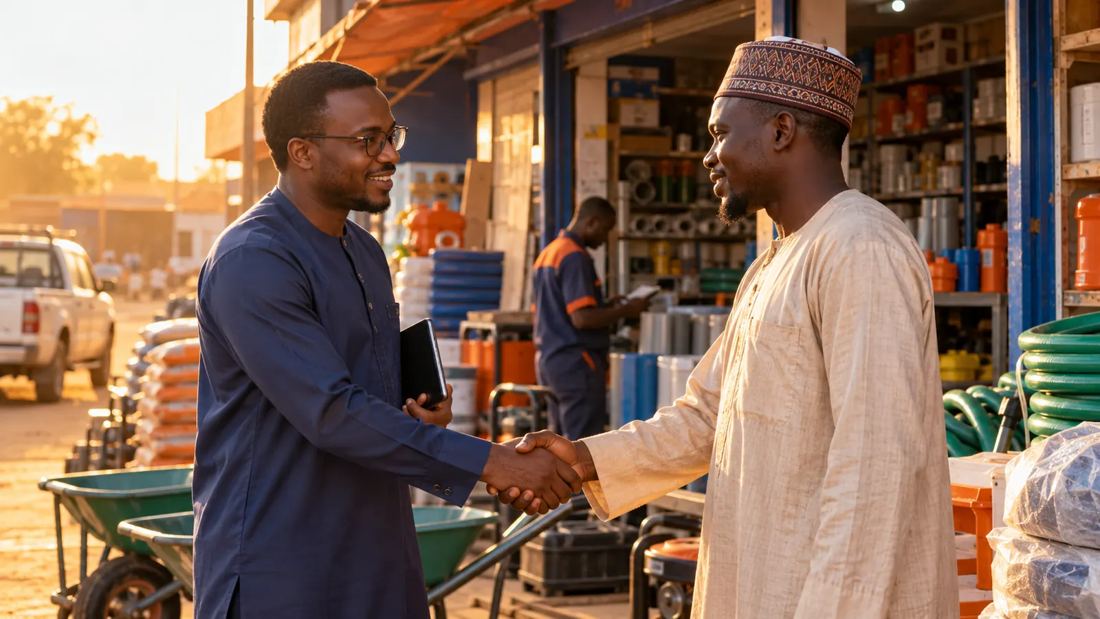 Un commercial serre la main d'un client devant un magasin de matériel à Niamey