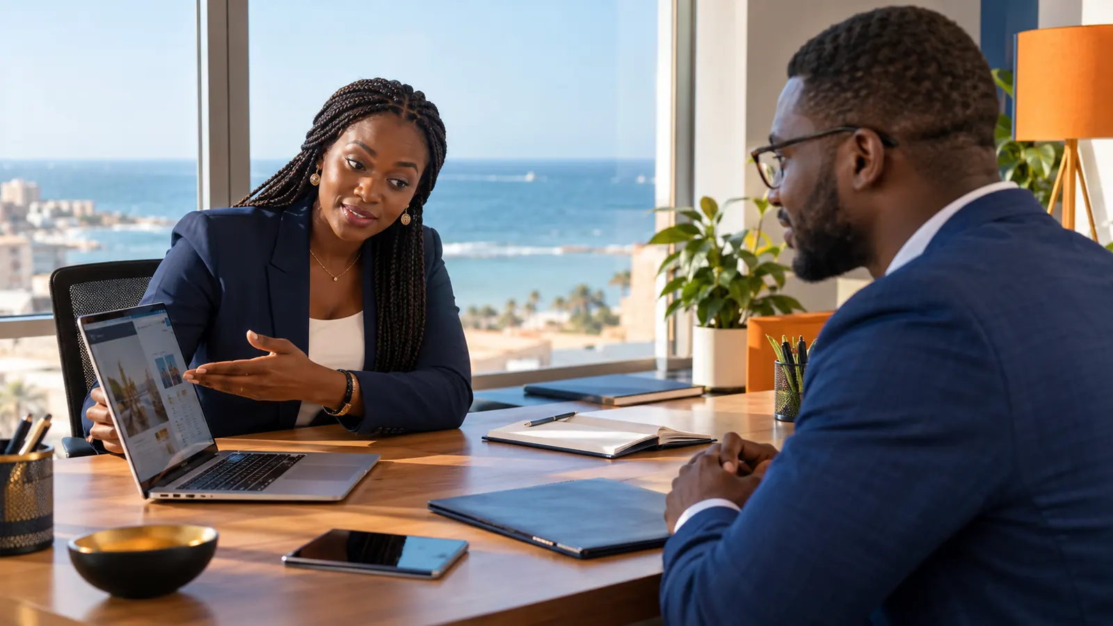 Une responsable commerciale présente une offre à un client dans un bureau lumineux de Dakar