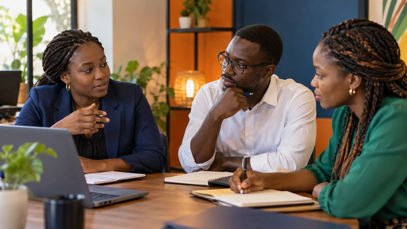 Une équipe commerciale fait le point autour d'une table dans un bureau de Lomé