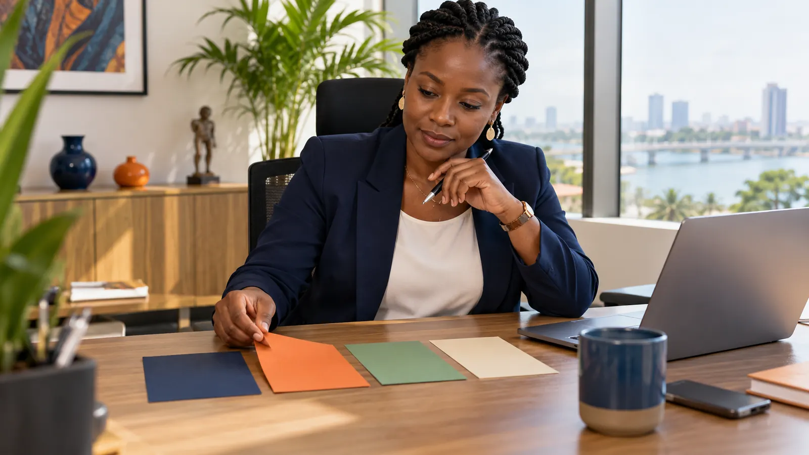 Une directrice commerciale compare plusieurs options posées sur son bureau avant de choisir un CRM