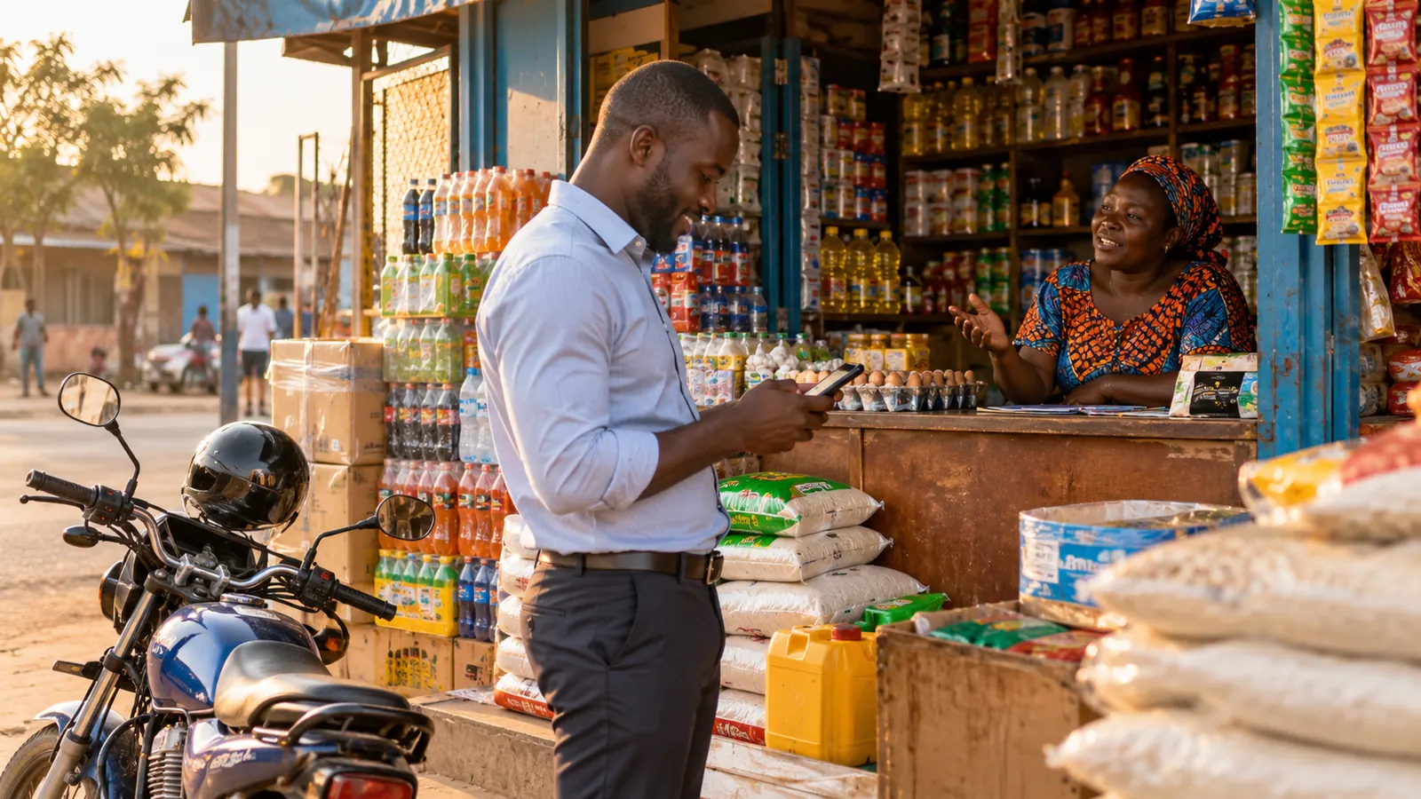 Un commercial terrain consulte son téléphone devant une boutique de quartier pendant que la gérante lui parle