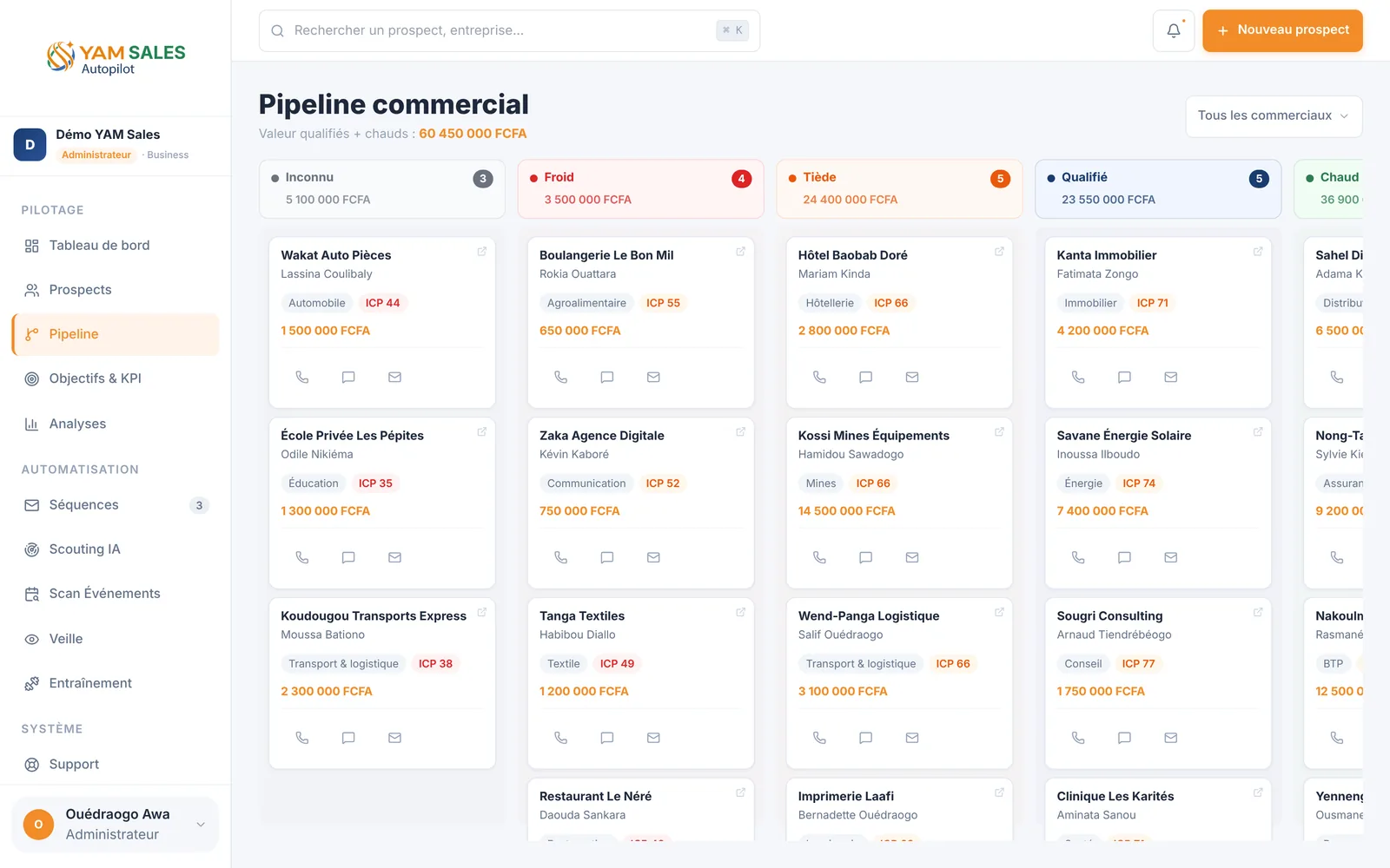Capture d'écran de YAM Sales, Pipeline (kanban) : Colonnes Inconnu → Qualifié (Chaud tronqué à droite), cartes avec secteur, score ICP et montant FCFA