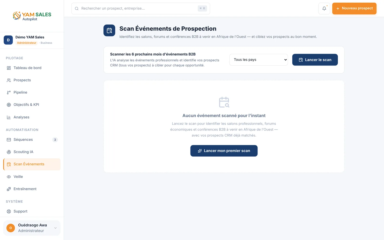 Capture d'écran de YAM Sales, Scan Événements (accueil) : État initial « Aucun événement scanné », bouton « Lancer mon premier scan »