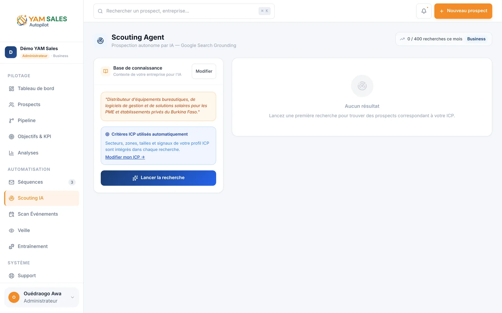 Capture d'écran de YAM Sales, Scouting IA (formulaire) : Base de connaissance renseignée (texte fictif), critères ICP, bouton « Lancer la recherche » — aucune recherche lancée