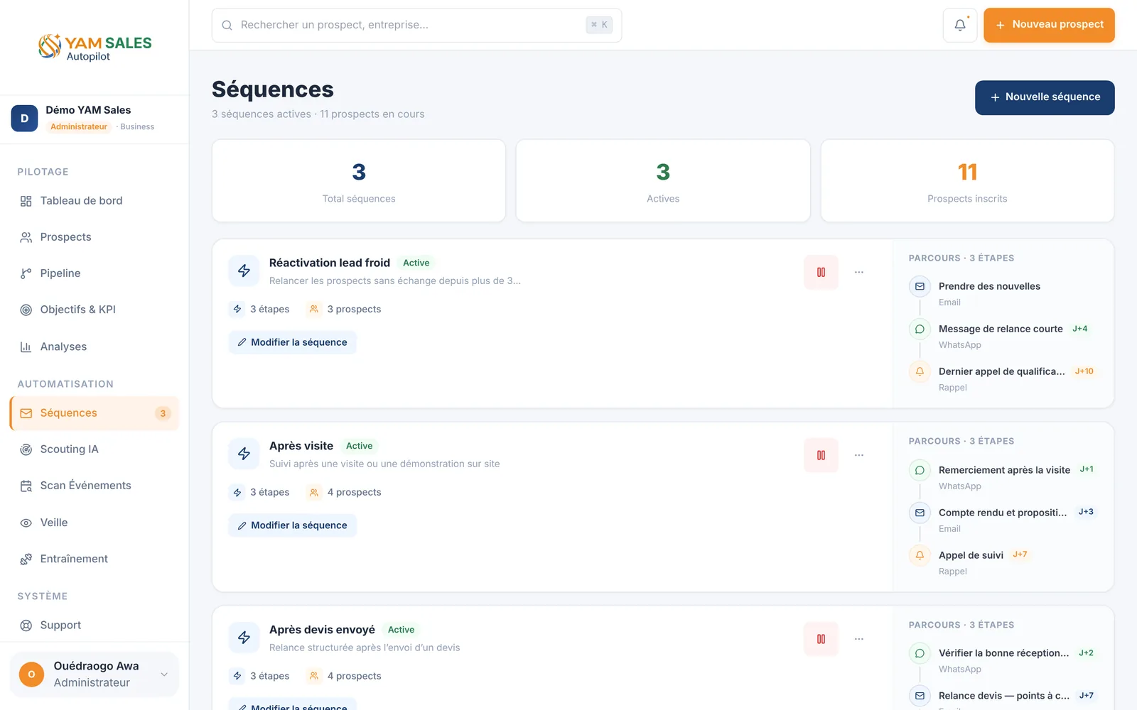 Capture d'écran de YAM Sales, Séquences (liste) : 3 séquences actives (Réactivation lead froid, Après visite, Après devis envoyé), 11 prospects inscrits, parcours par étape