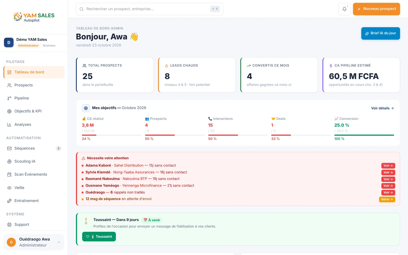 Capture d'écran de YAM Sales, Tableau de bord admin : « Bonjour, Awa », 4 KPI (25 prospects, 8 leads chauds, 4 convertis ce mois, 60,5 M FCFA de pipeline), objectifs du mois, bloc « Nécessite votre attention », suggestion Toussaint