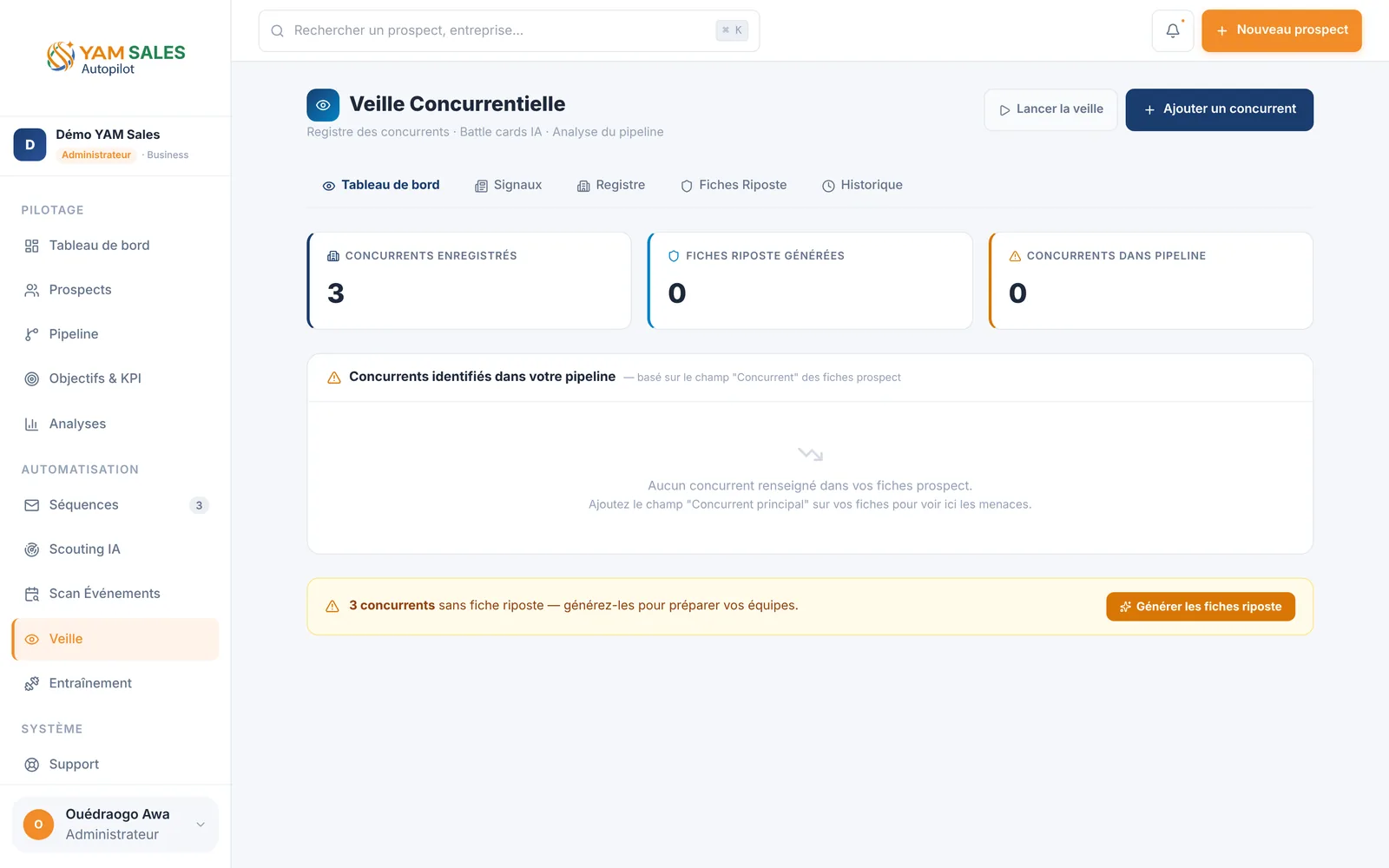 Capture d'écran de YAM Sales, Veille concurrentielle (accueil) : Tableau de bord : 3 concurrents enregistrés, 0 fiche riposte, invitation à générer les fiches