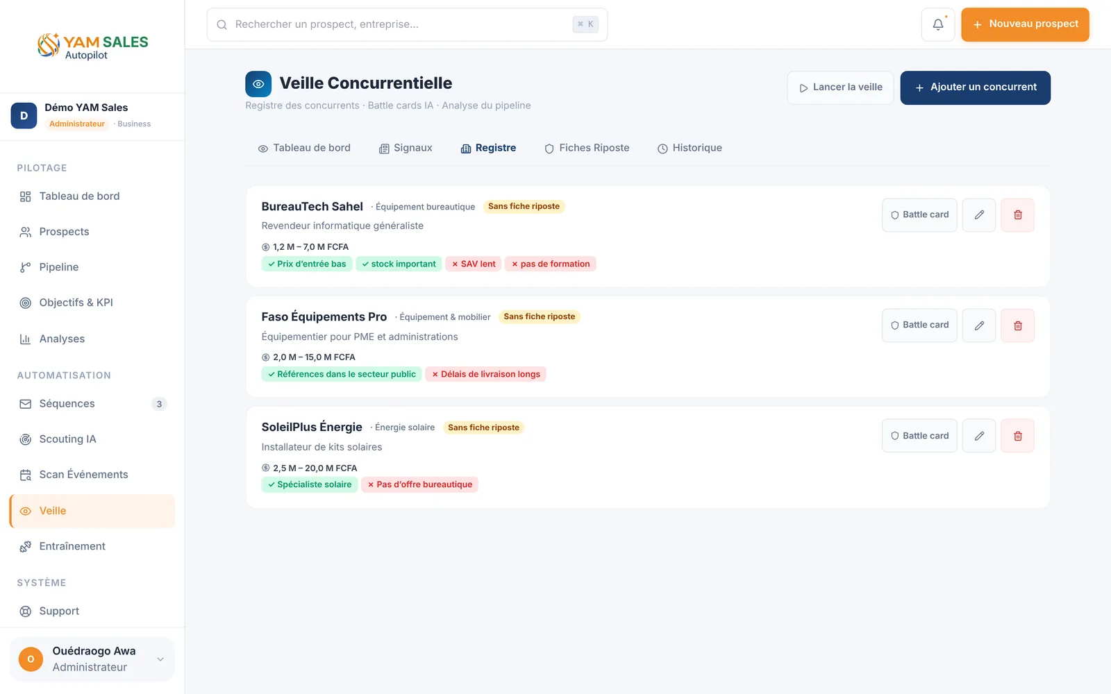 Capture d'écran de YAM Sales, Veille › Registre : 3 concurrents fictifs (BureauTech Sahel, Faso Équipements Pro, SoleilPlus Énergie) avec gamme de prix, forces/faiblesses saisies à la main