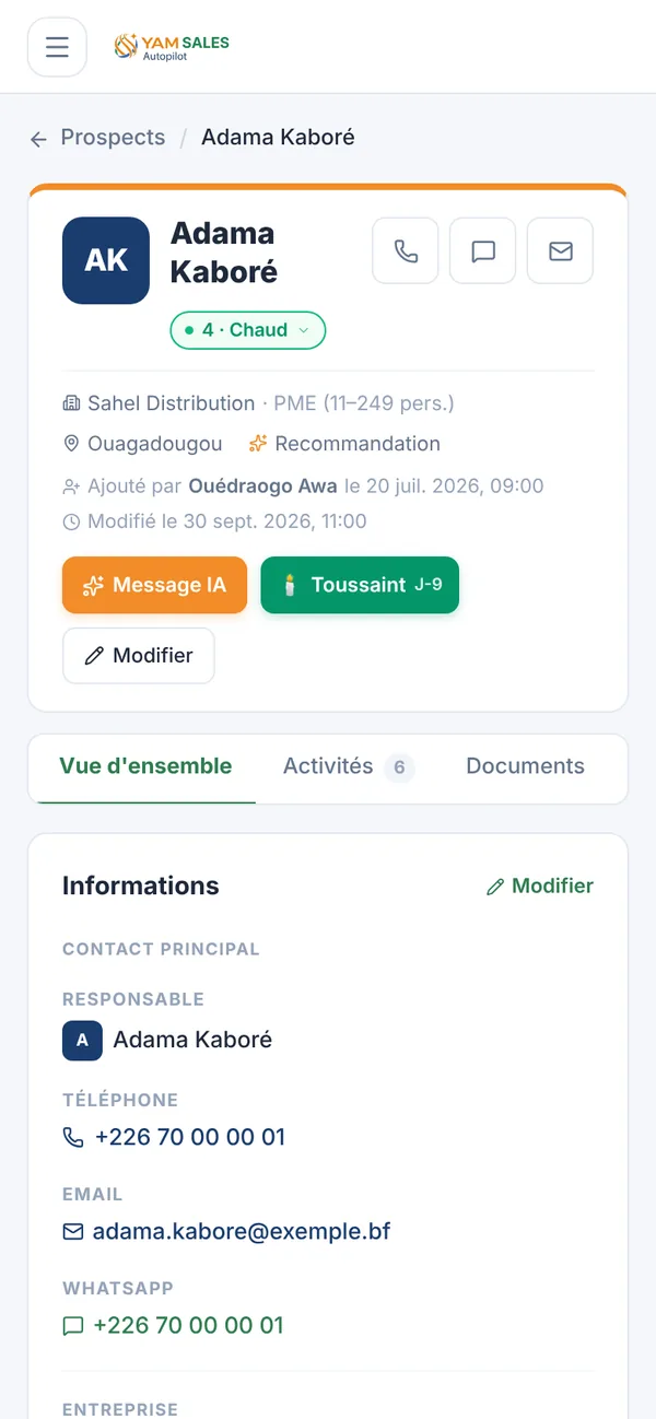 Capture d'écran de YAM Sales, Fiche prospect : Adama Kaboré · Sahel Distribution, actions Message IA / fête / Modifier, onglets, contact principal
